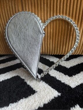 Silver Heart-Shaped Crystal Handle Crossbody Bag